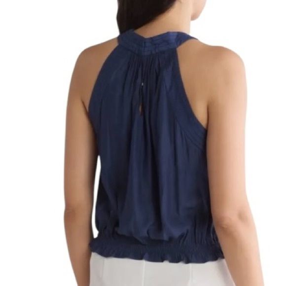 Ramy Brook New York Navy Blue Halter Smocked Waist Ruched Front Top XL - Picture 2 of 8